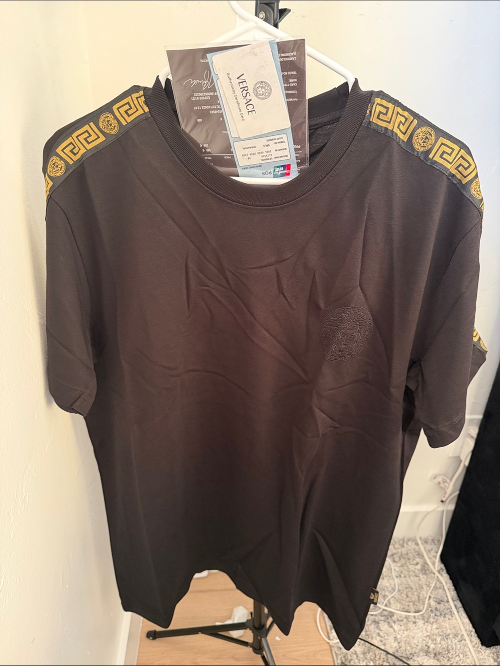 Versace Black T-Shirt with Gold Greek Key Trim